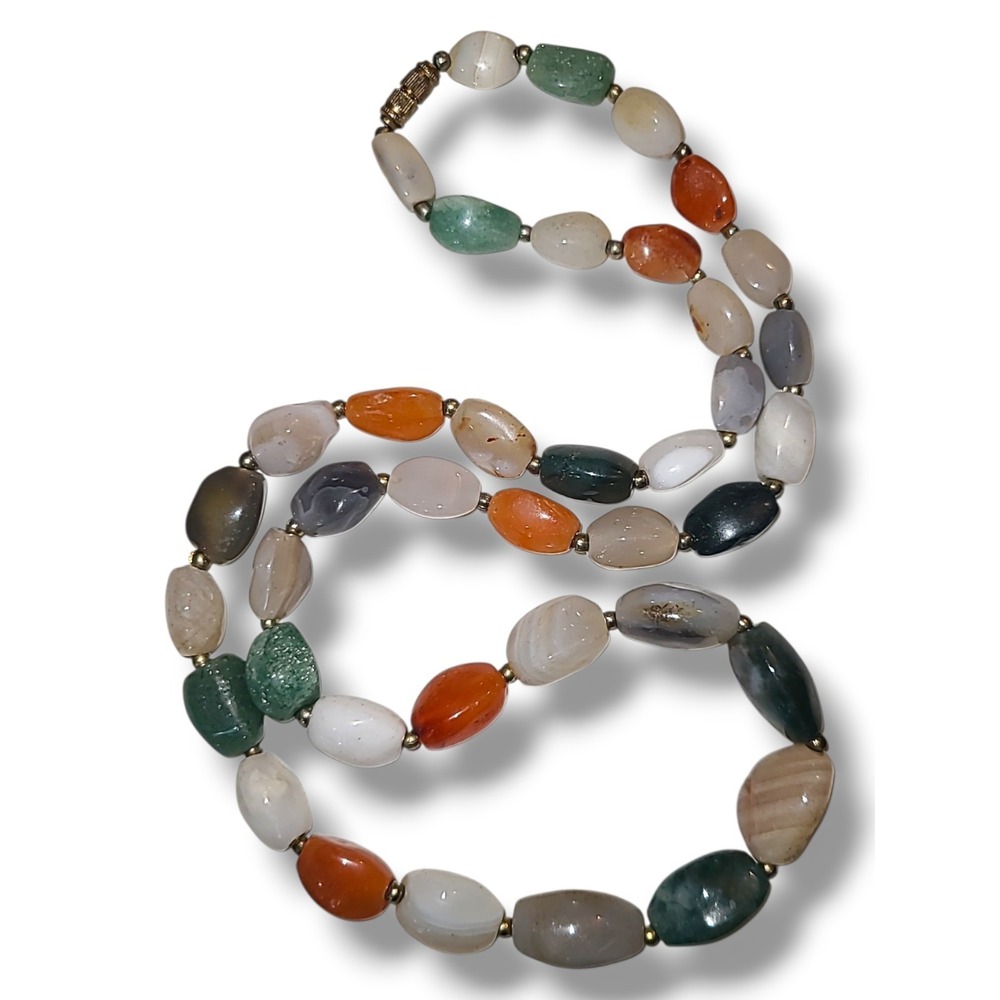 Vintage Multi Gemstone Nugget Beggar Bead Necklace 29" Agate Quartz Carnelian